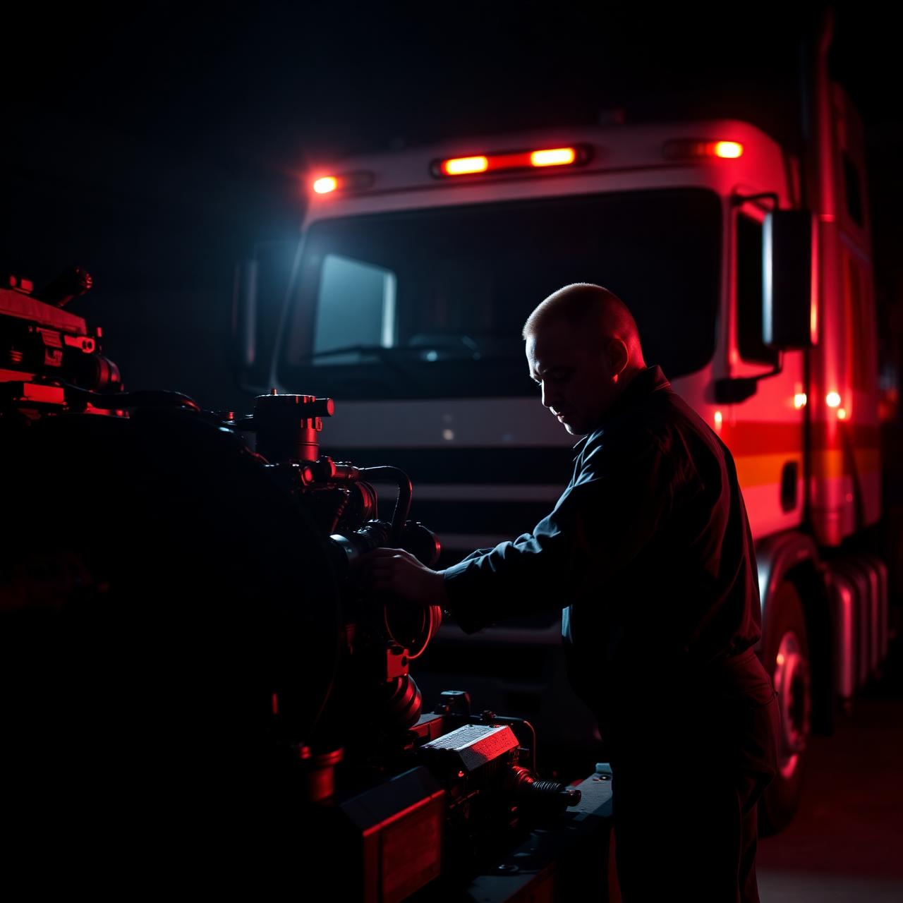 GR Transport technician servicing a truck at night